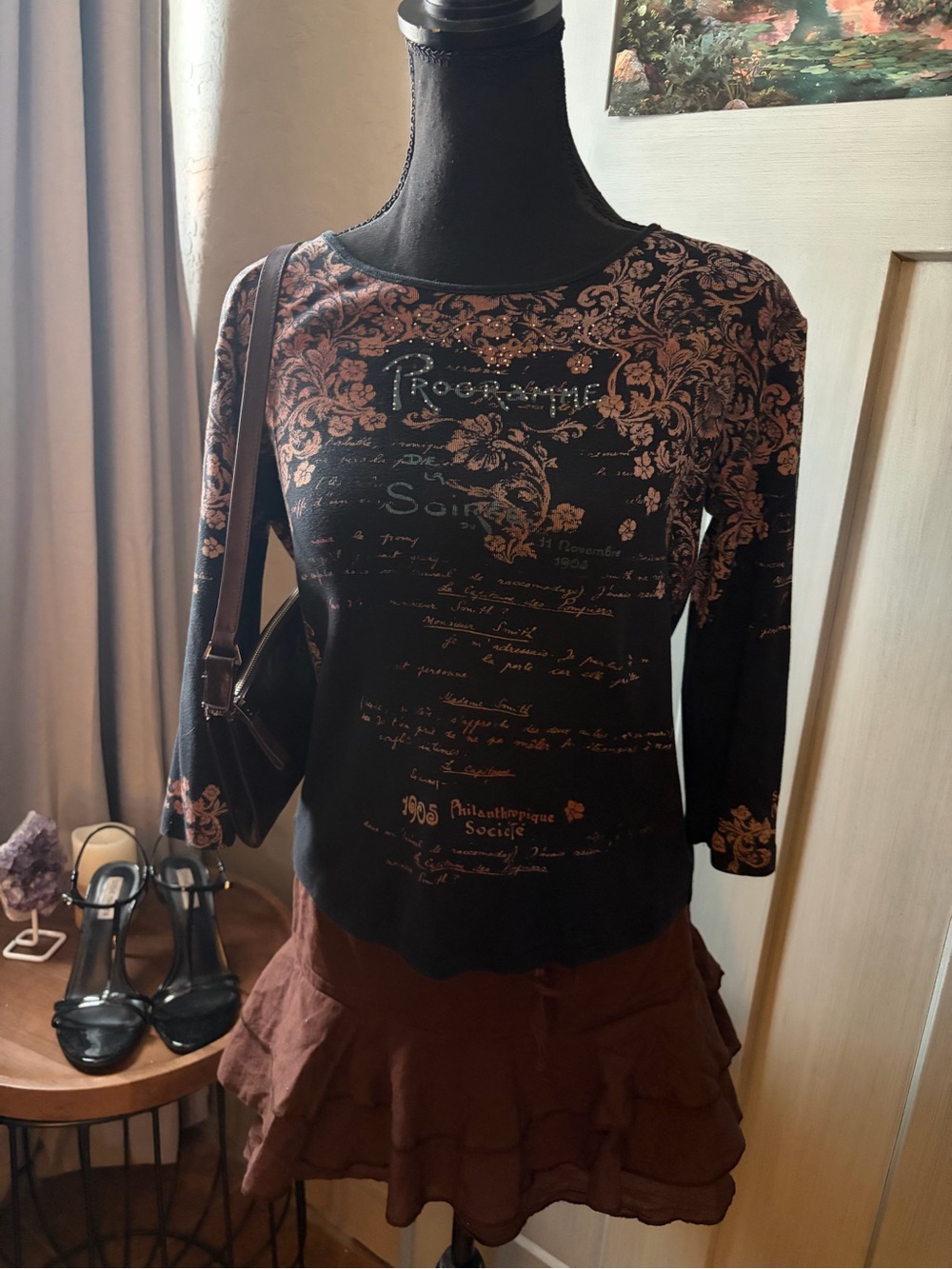 Black Floral & Script Long Sleeve Tee with Brown Accents